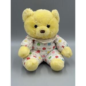 VTG Fun World Yellow Teddy Bear Sitting Plush Quilted Middle Apple Design 9.5”
